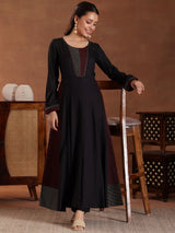 Women's Black Self Design Panelled a-line Kurta With Lining and Solid Trouser