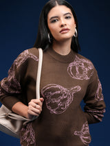 Women's Brown Casual Self-Design Full Sleeves Sweater