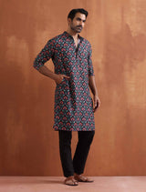 Men's Black Festive Printed Regular Fit Full Sleeves Kurta