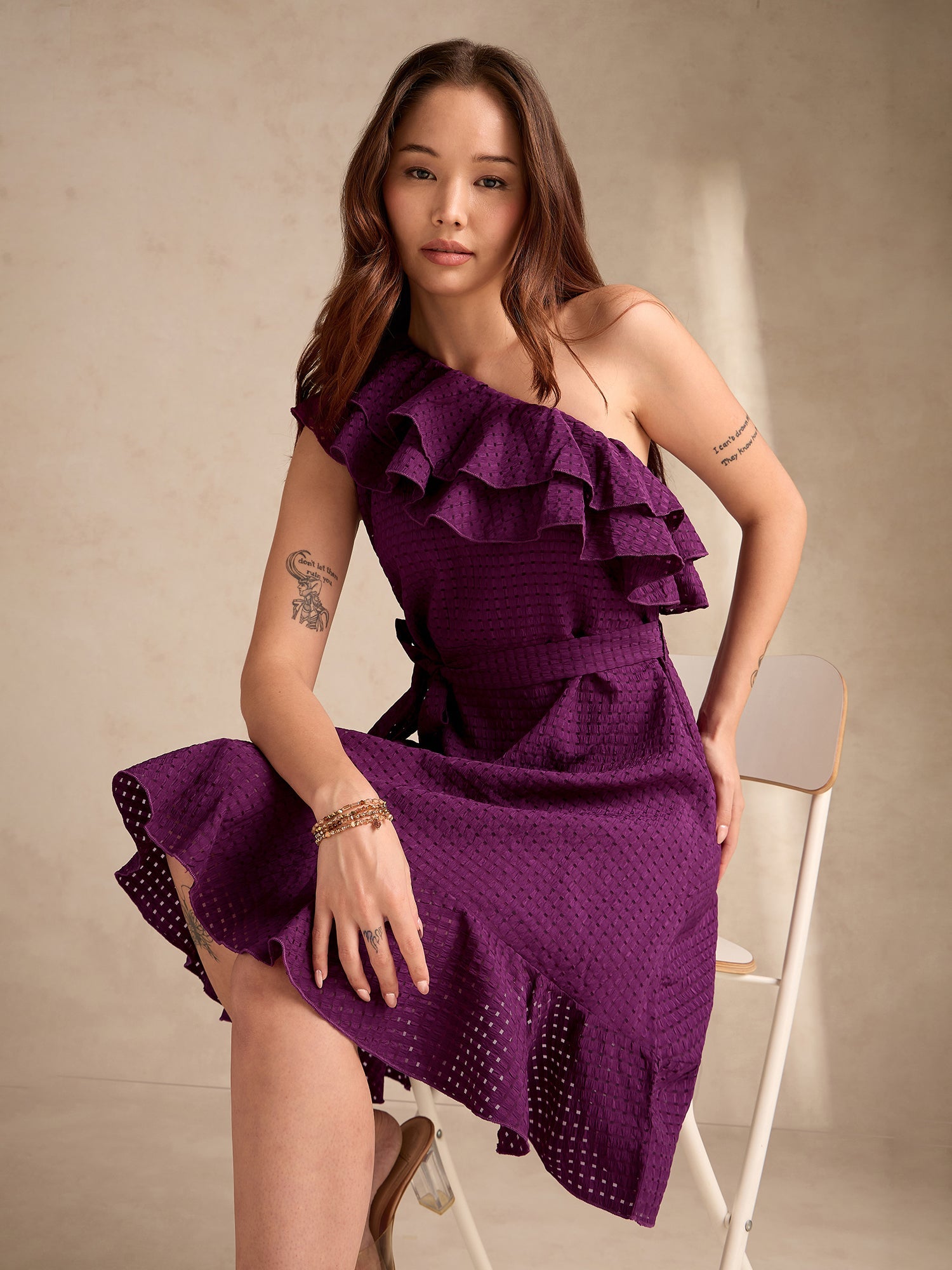 Women's Purple Soft Ruffle One Shoulder Dress