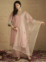 Women's Pink Kurta with Solid Ankle Length Palazzo and Embroidered Net Dupatta
