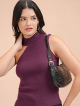 Women's Purple Casual Self-Design Sleeveless Sweater