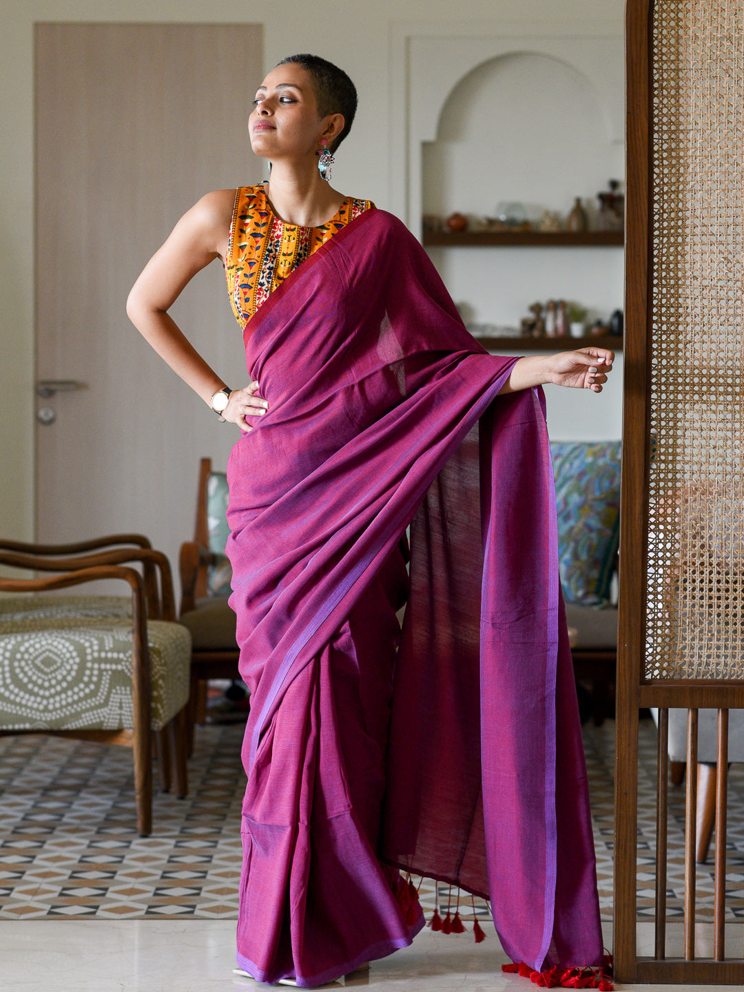 Women's Purple Cotton Blend Saree