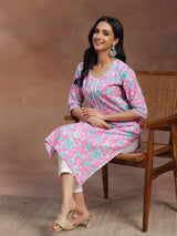 Women's Pink Floral Printed Straight Cotton Kurta