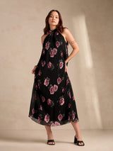 Women's Black Halter Neck Floral Printed Dress