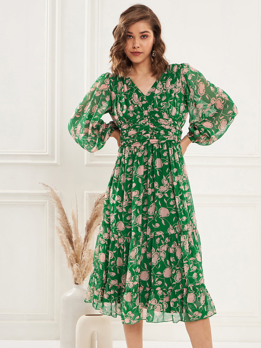 Women's Green Floral Printed V-Neck Puff Sleeve Pleated Tie Fit & Flare Dress