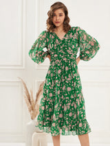 Women's Green Floral Printed V-Neck Puff Sleeve Pleated Tie Fit & Flare Dress