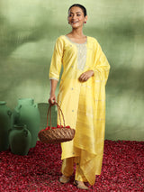 Women's Yellow Silk Blend Embroidered Yoke Design Straight Kurta and Trouser with Self Design Dupatta