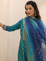 Women's Blue Bandhani Printed Zari Kurta With Trouser and Dupatta