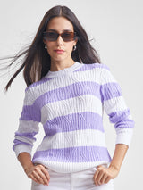 Women's Lavender Casual Striped Full Sleeves Sweater