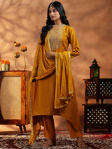 Women's Yellow Floral Embroidered Dobby Kurta with Solid Trouser and Poly Chiffon Self Design Dupatta