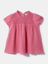 Girls Pink Cotton Shirred Solid Top