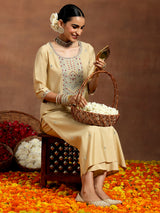 Women's Beige Silk Blend Yoke Design Kurta and Beige Silk Blend Solid Trouser with Both Side Pocket