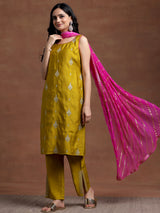 Women's Yellow Floral Embroidered Kurta with Lining and Solid Trouser with Self Design Dupatta