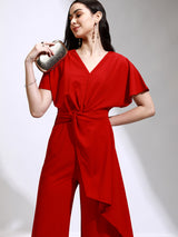 Women's Red Party Solid Half Sleeves Jumpsuit
