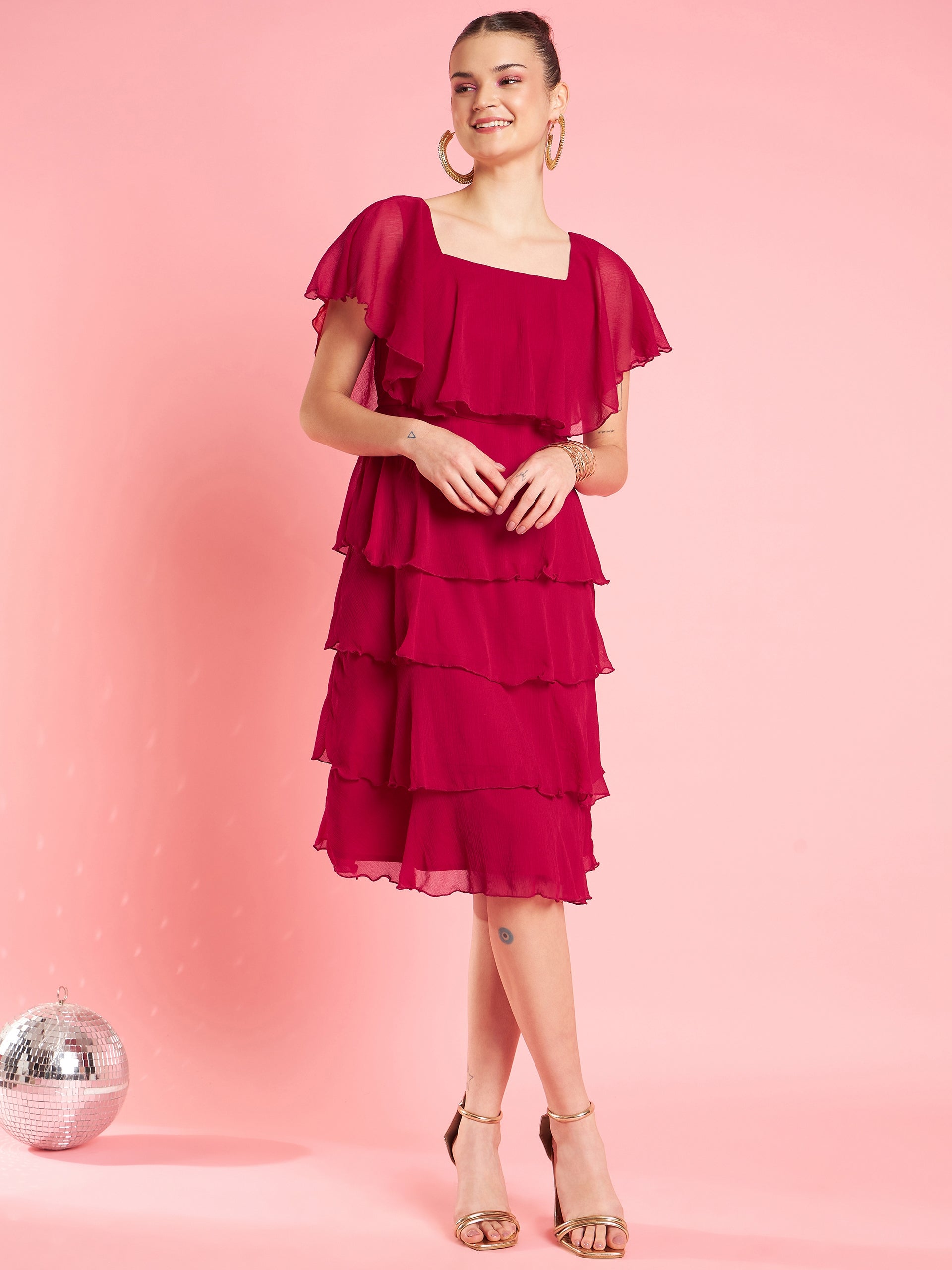Women's Red Chiffon Gathe Or Pleated Fit & Flare Party Dress