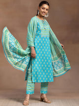Women's Blue Cotton Printed Gotta Patti Tassel Detail Straight Kurta with Printed Trousers & Dupatta