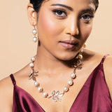 Women's Rose Gold Plated Leaf Designer Necklace Set with White Pearls