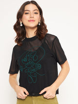 Women's Black Casual Half Sleeves Disney Print Top