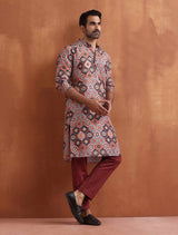 Men's Red Festive Printed Regular Fit Full Sleeves Kurta