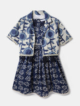 Girls Navy Cotton Festive Printed Dress with Jacket