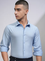 Men's Blue Casual Slim Fit Cutaway Collar Textured Cotton Formal Shirt