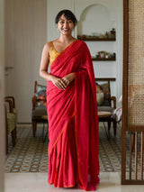 Women's Red Cotton Blend Saree