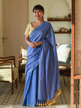 Women's Blue Cotton Blend Saree