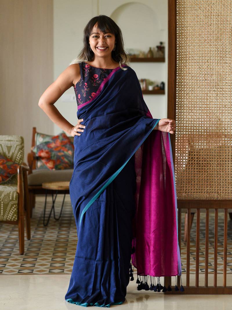 Women's Blue Cotton Blend Saree