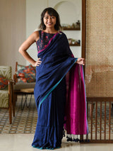 Women's Blue Cotton Blend Saree