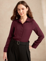 Women's Wine Regular Satin Embellished Collar Shirt