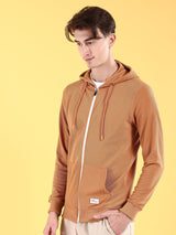 Men's Brown Casual Hood Neck Self-Design Full Sleeves Hoodie