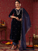 Women's Velvet Navy Straight Kurta Set with Dupatta