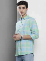 Men's Regular Fit Checkered Full Sleeves Cutaway Collar Casual Shirt