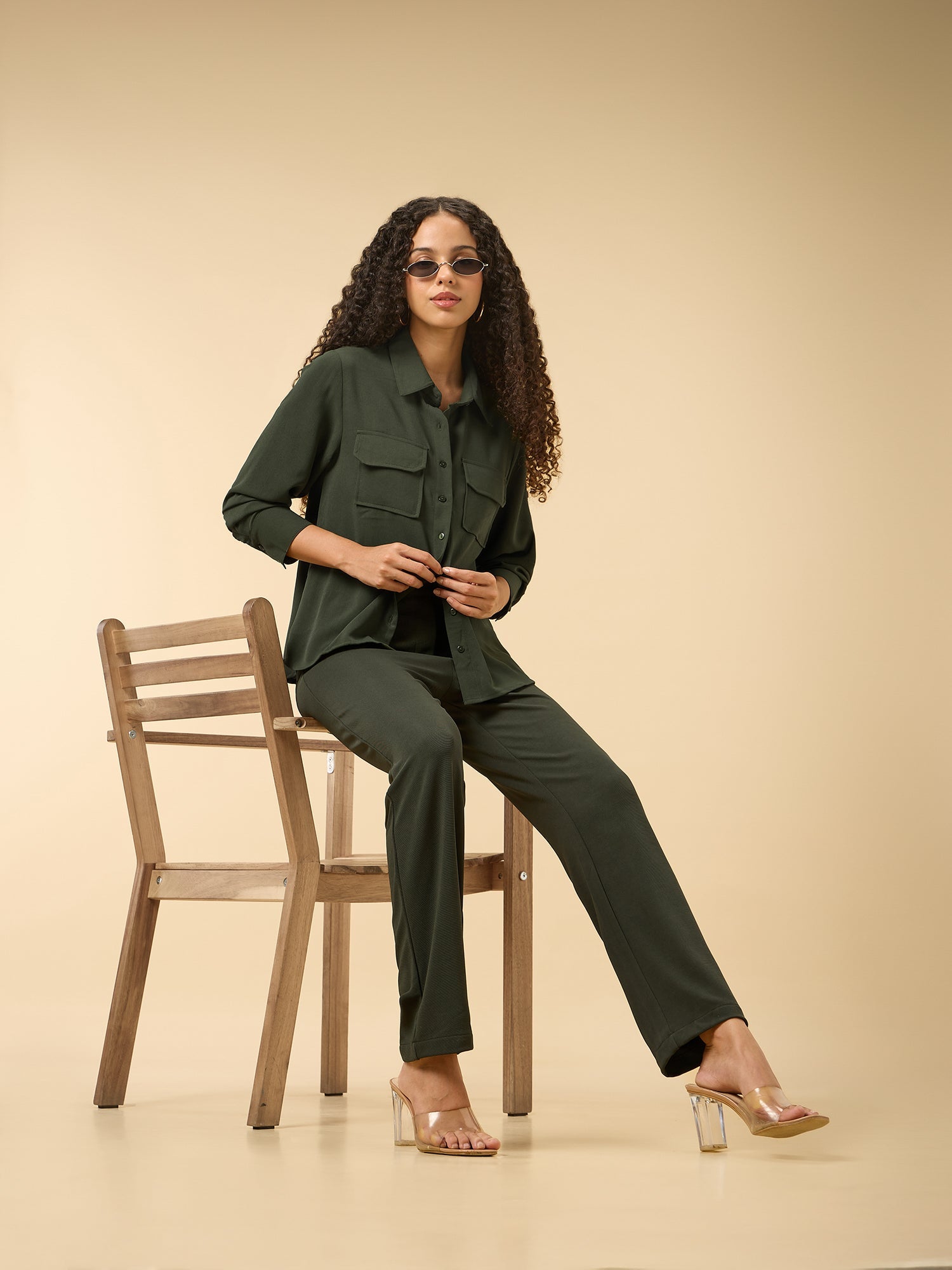 Women's Green Casual Solid Full Sleeves Shirt