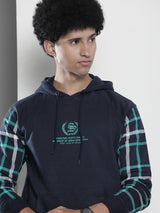 Men's Navy Blue Casual Hood Neck Checked Full Sleeves Hoodie