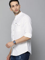 Men's Slim Fit Solid Full Sleeves Mandarin Collar Double Flap Pocket Casual Shirt