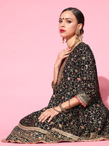 Women's Navy Blue Floral Embroidered Regular Gotta Patti Pure Rayon Kurta with Sharara & with Dupatta