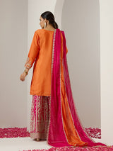 Women's Orange Polyester Chinon 3 Pieces Kurta Set