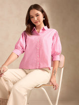 Women's Pink Party Striped Three Quarter Sleeves Shirt