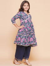 Girls Navy Blue Pink Floral Printed Kurta With Palazzos
