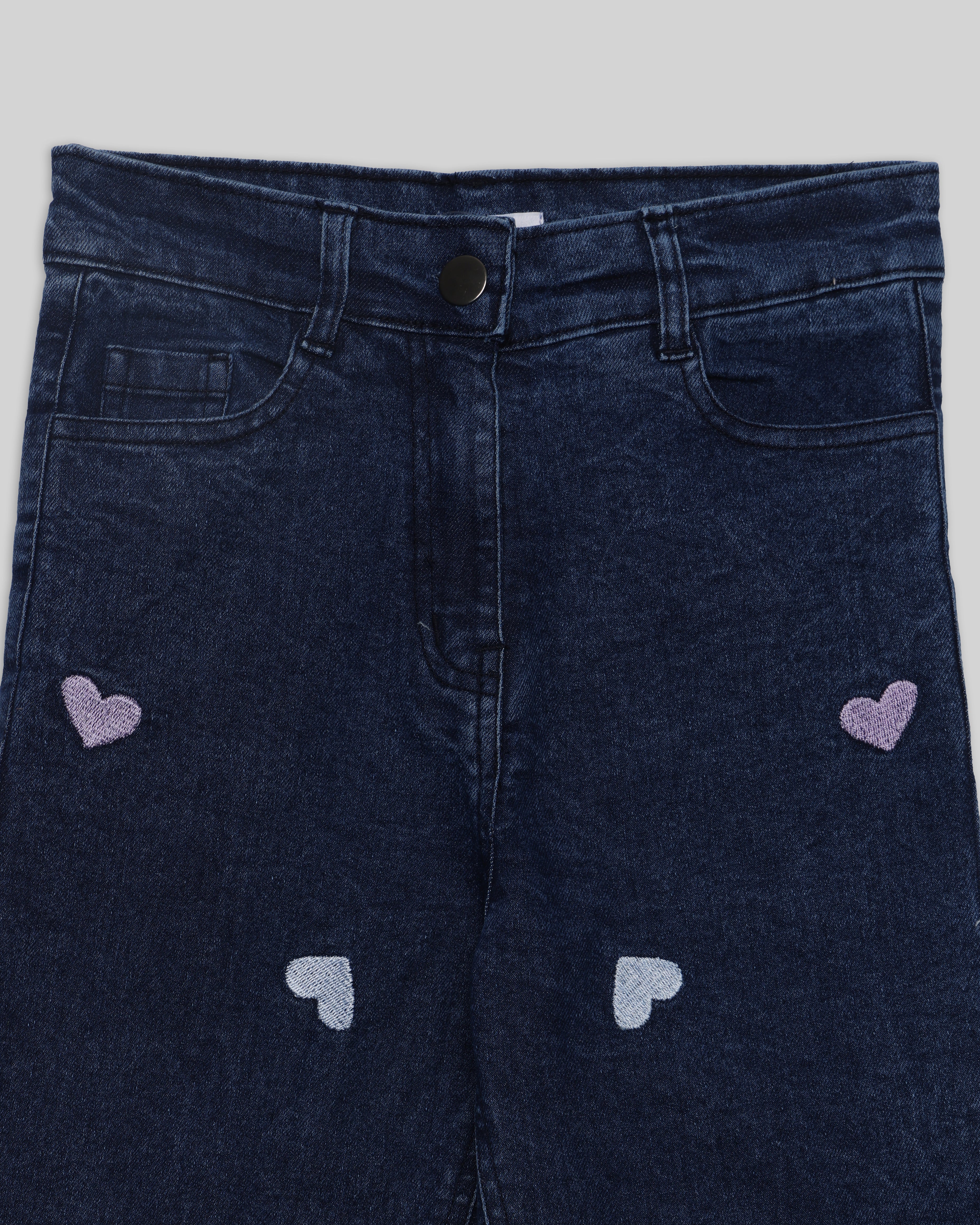 Girls Blue Straight Fit Heart Embroidery Jeans