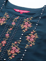 Women's Blue Floral Embroidered Mirror Work Chanderi Silk Kurta With Trousers & With Dupatta