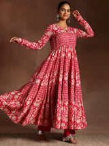 Women's Pink Floral Printed Panelled a-line Kurta with Solid Trouser and Printed Dupatta