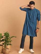 Men's Blue Woven Jacquard Kurta