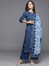 Women's Blue Cotton Printed Kurta and Blue Cotton Printed Palazzo with Blue Cotton Printed Dupatta