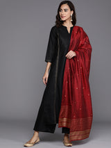 Women's Black Cotton Solid Kurta and Black Cotton Solid Palazzo with Maroon Chanderi Silk Woven Dupatta