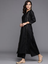 Women's Black Cotton Solid Kurta and Black Cotton Solid Palazzo with Maroon Chanderi Silk Woven Dupatta
