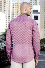 Unisex Relaxed Fit Patterned Georgette Texture Spread Collar Full Sleeve Shirt