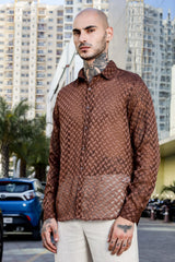 Unisex Relaxed Fit Patterned Georgette Texture Spread Collar Full Sleeve Shirt